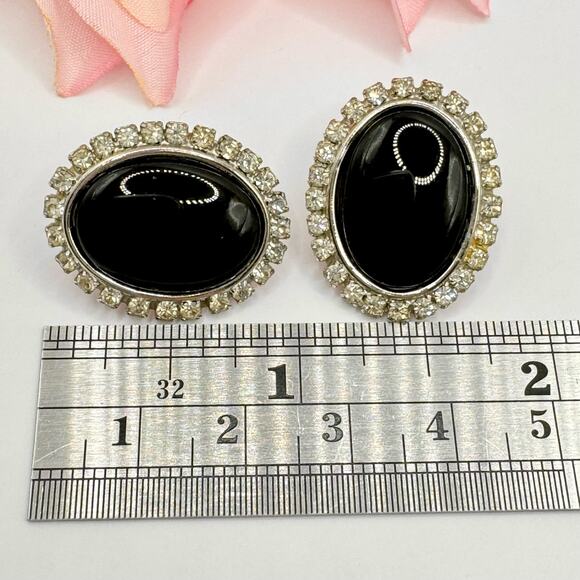 Vintage Oval Black Rhinestone Bezel Old Hollywood Special Occasion Chic Earrings - Picture 6 of 9